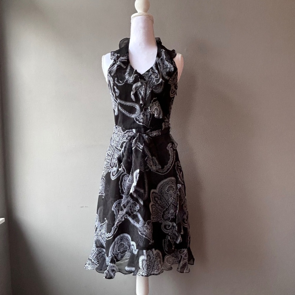 White House Black Market Paisley Halter Dress Black White Ruffle Hem Size 0